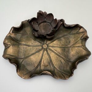 Vintage Bronze Lilly Pad and Flower Candle Holder Decorative Tray